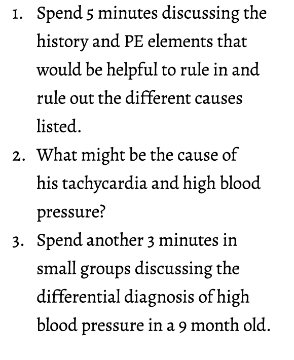 1. Spend 5 minutes discussing the history and PE elements that would be helpful to rule in and rule out the different...