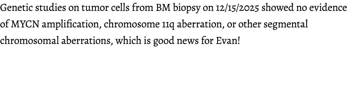 Genetic studies on tumor cells from BM biopsy on 12/15/2025 showed no evidence of MYCN amplification, chromosome 11q ...
