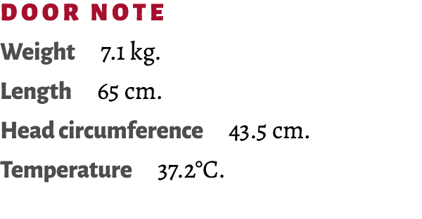 Door Note Weight 7.1 kg. Length 65 cm. Head circumference 43.5 cm. Temperature 37.2°C.