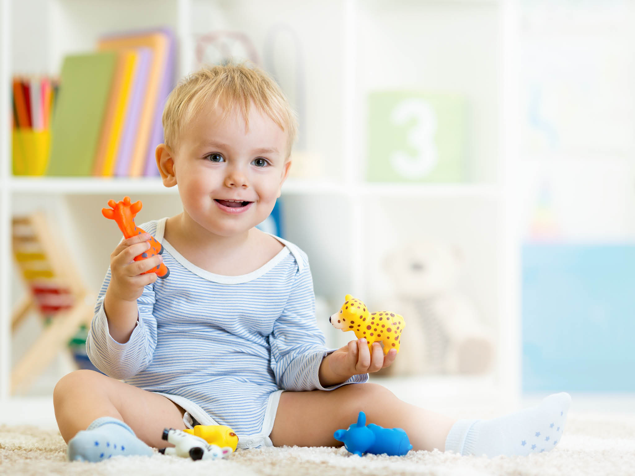 smart child boy plays animal toys sitting on floor