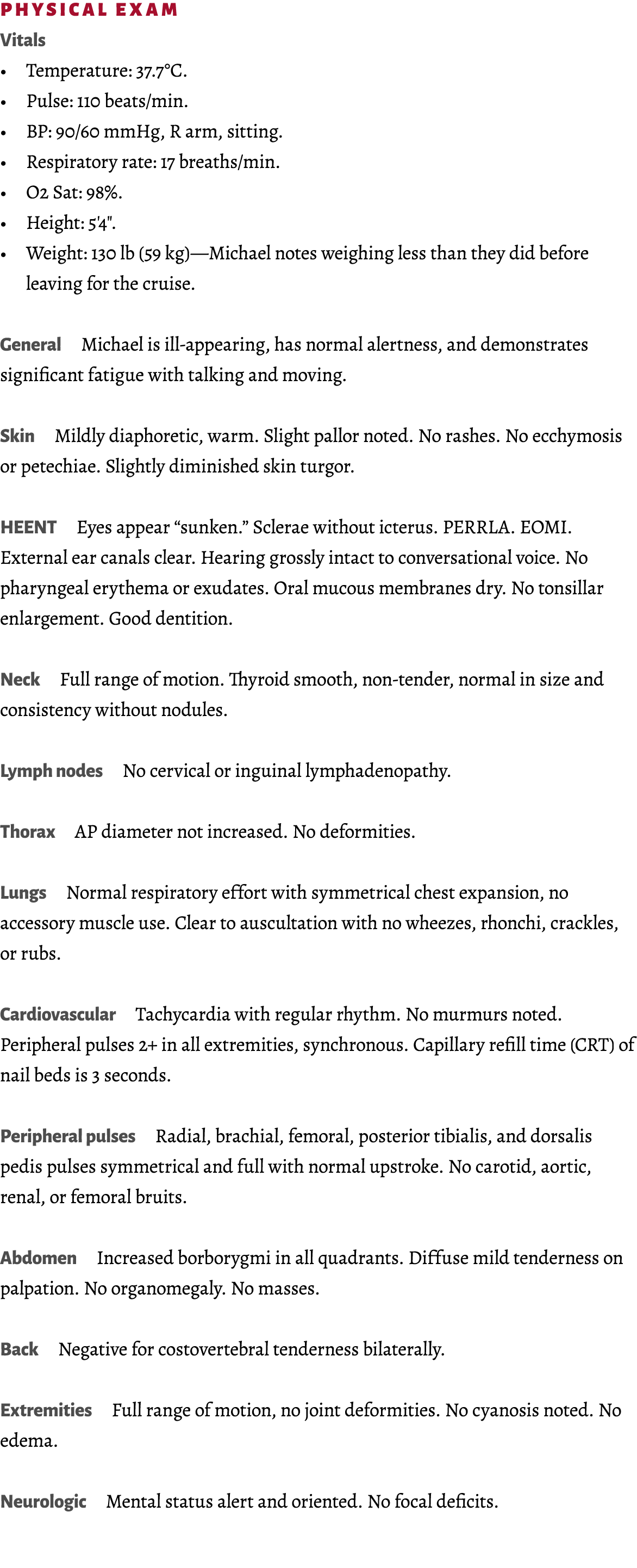Physical exam Vitals • Temperature: 37.7°C. • Pulse: 110 beats/min. • BP: 90/60 mmHg, R arm, sitting. • Respiratory r...