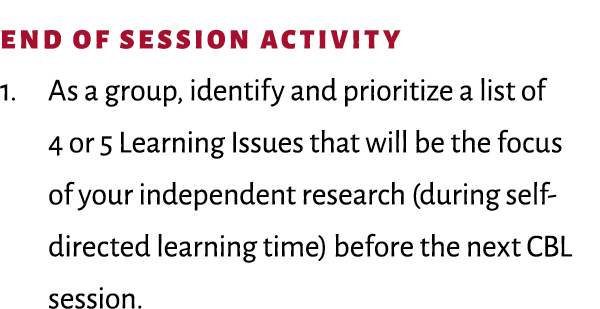 End of Session activity 1. As a group, identify and prioritize a list of 4 or 5 Learning Issues that will be the focu...