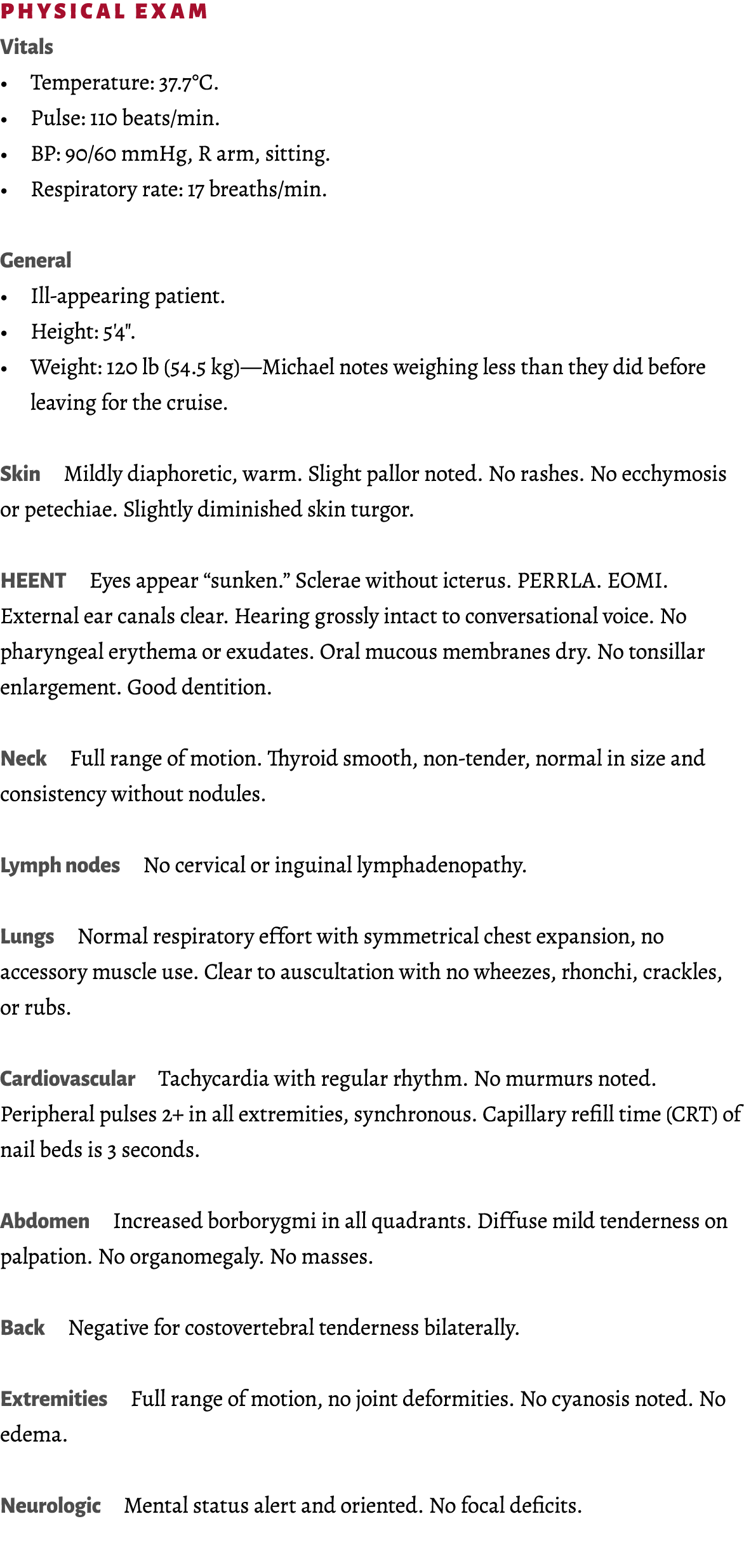 Physical exam Vitals • Temperature: 37.7°C. • Pulse: 110 beats/min. • BP: 90/60 mmHg, R arm, sitting. • Respiratory r...